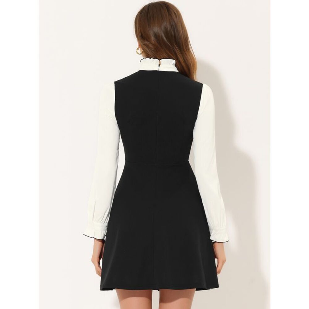 Contrast Color Dress for Women's Vintage Long Sleeve Tie Neck Black - Picture 3 of 5